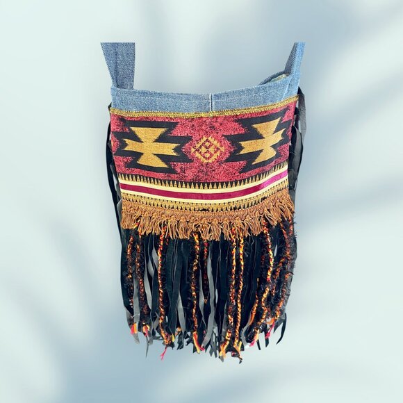 Sew What? Upcycling Handbags - Denim & Orange Handmade, Native Inspired Crossbody Bag with Leather Fringe